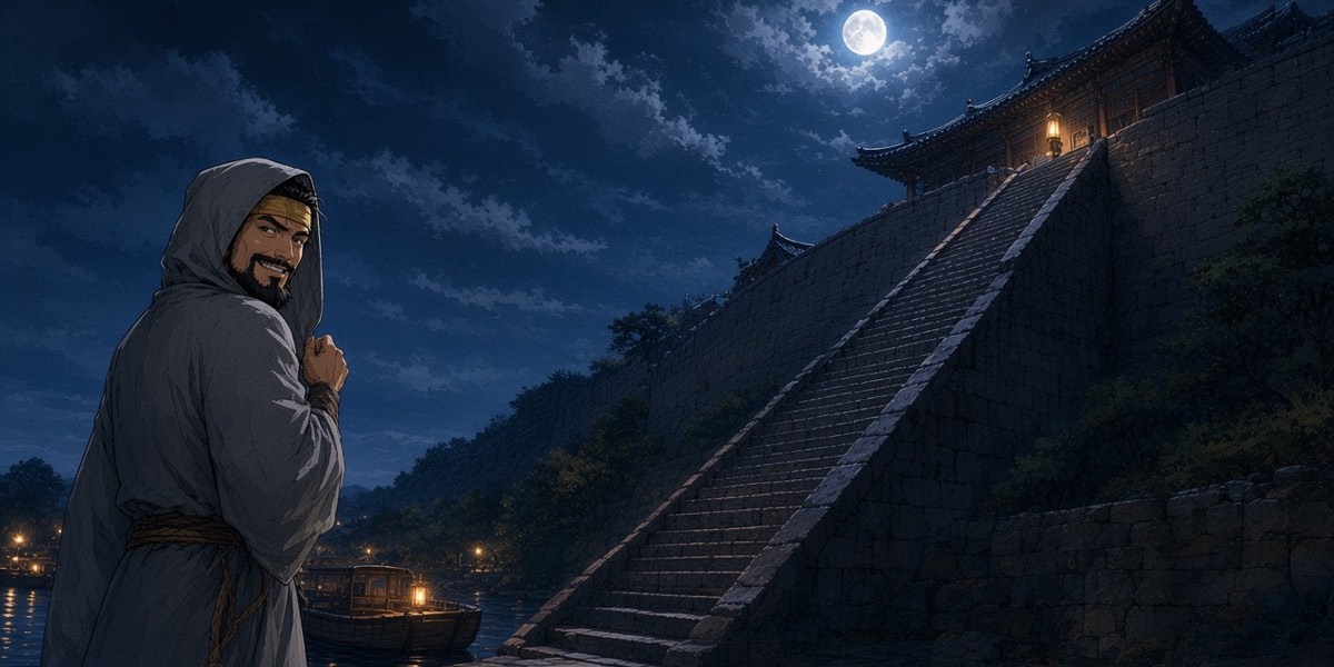 Night: Euija in a grey hood and robe slips down a long stair below the palace wall toward the lantern-lit river