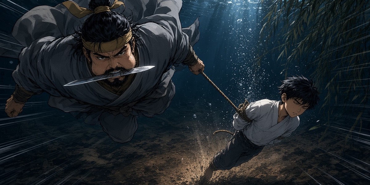Underwater: Euija, knife in his teeth and grey robe billowing, reaches for the rope dragging the boy down
