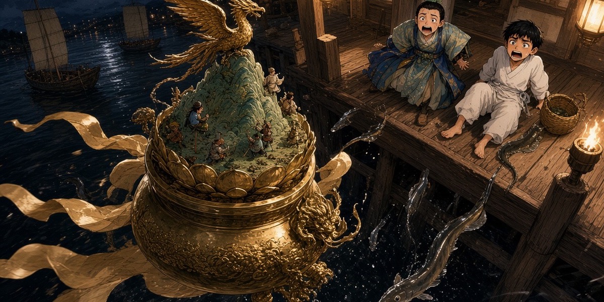 Worm's-eye from the river: the gilt-bronze incense burner tips over the landing rail while the Jinmo boy and the eel boy fall back