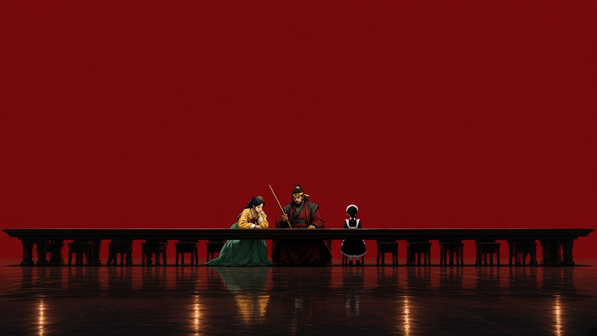 Wide Sabi wine hall: tiny pouring maid at a long table; wine-red plane, gold headband spark