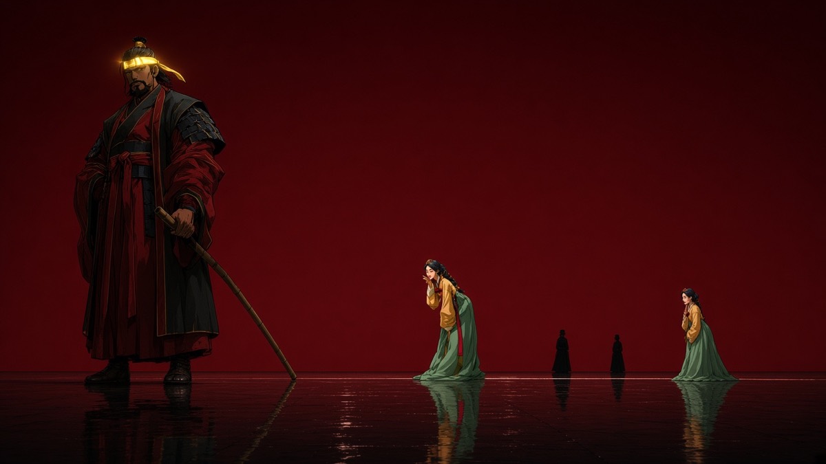 Wide Sabi palace: wine-red hall, exactly two tiny maid-figures; one gold-yellow headband spark