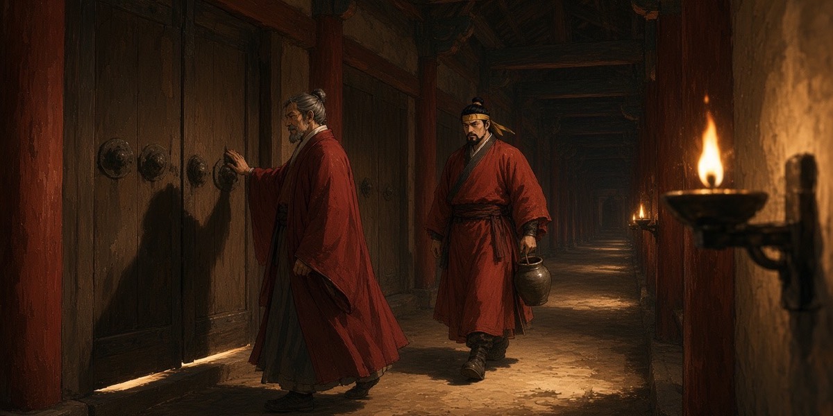 Father and son walk a long dim gallery of closed doors, the old king ahead with a hand raised, the son trailing