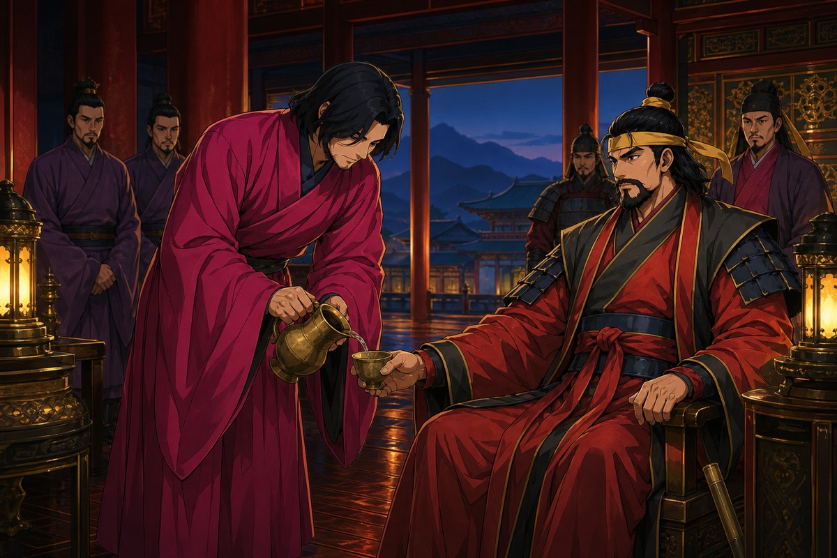 The captive Euija pours wine for King Muyeol before the assembled court at Sabi