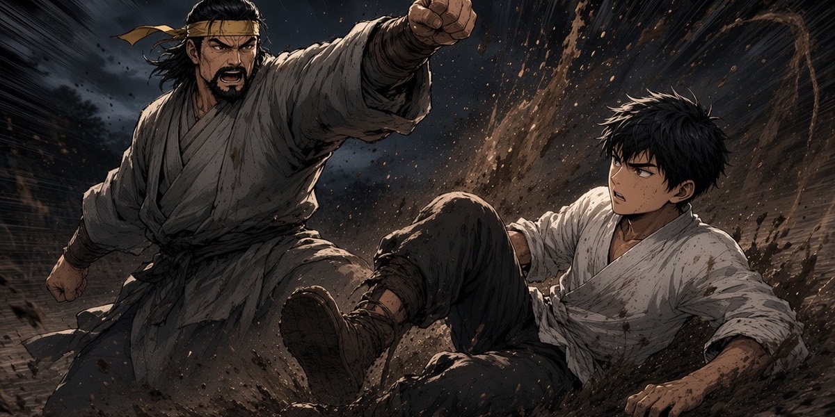 Impact frame: Euija's fist connects with the boy's jaw as the boy reaches for another rock