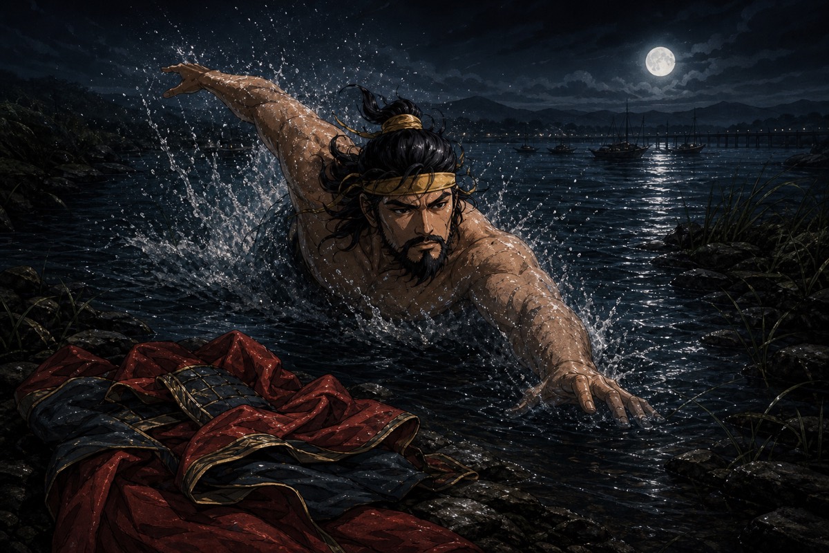 Euija plunges alone into the black White River under the moon