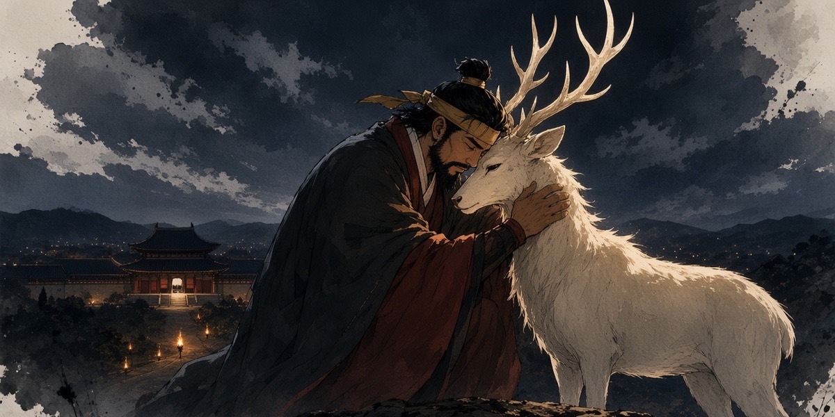 Poster key art: King Euija presses his forehead to the guardian stag on the dark river bluff before he flees Sabi for Bear Fortress