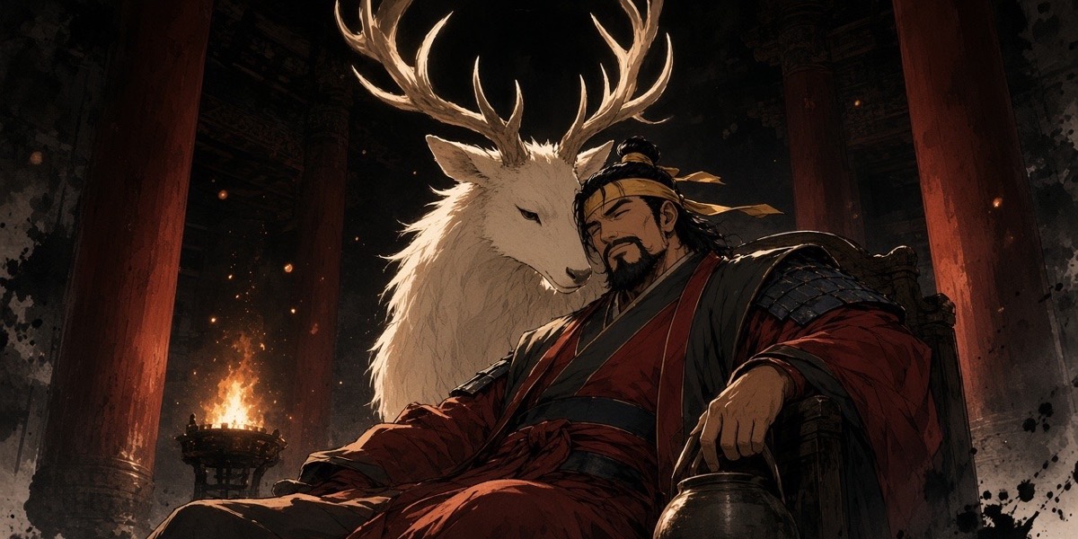 Poster key art: King Euija slumps drunk on his throne in the dark hall while the guardian stag stands behind him and lowers its head to his shoulder