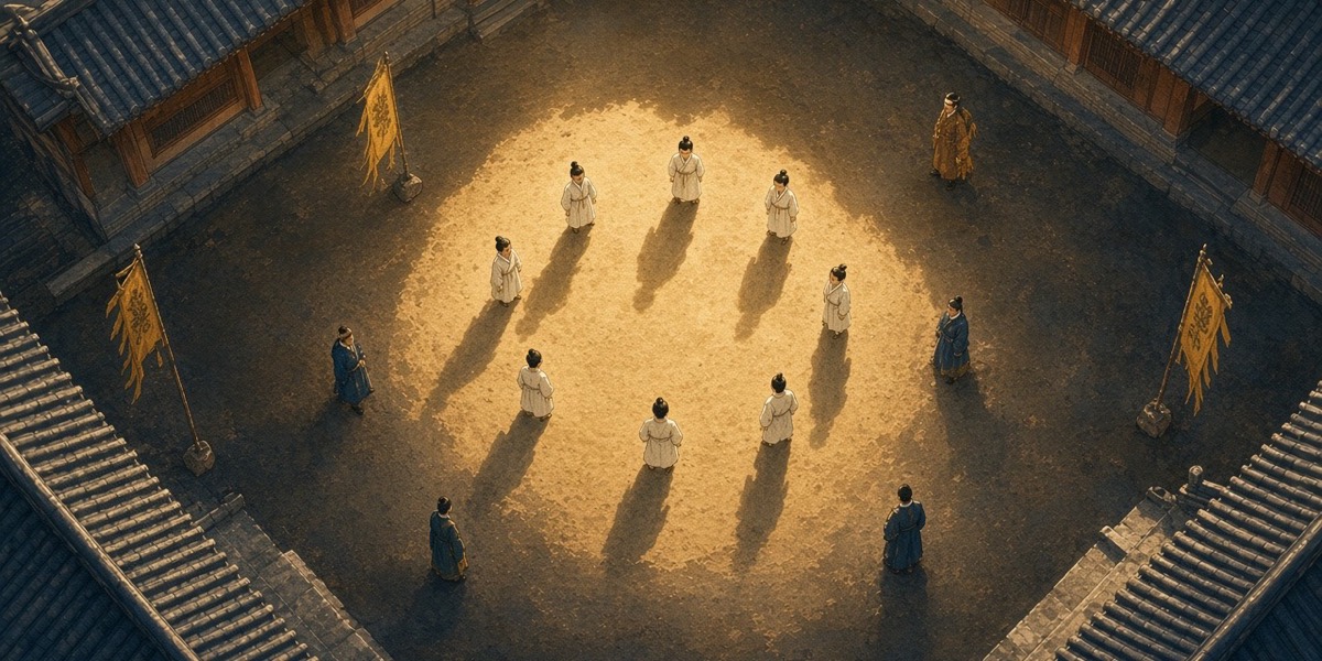 Bird's-eye over the palace yard: eight boys in white stand in a ring on the sand, one place in the ring empty