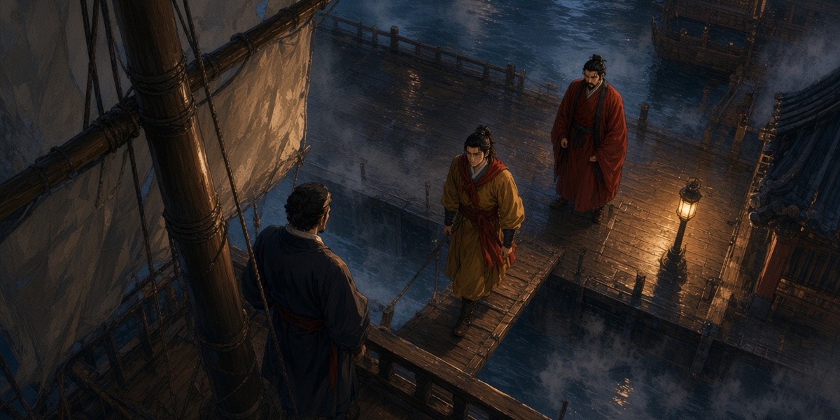 Grey dawn at the Sabi berth: Gyebek walks up the gangplank alone with nothing in his hands while Minister Satek watches from the quay, the seal pouch under his sleeve