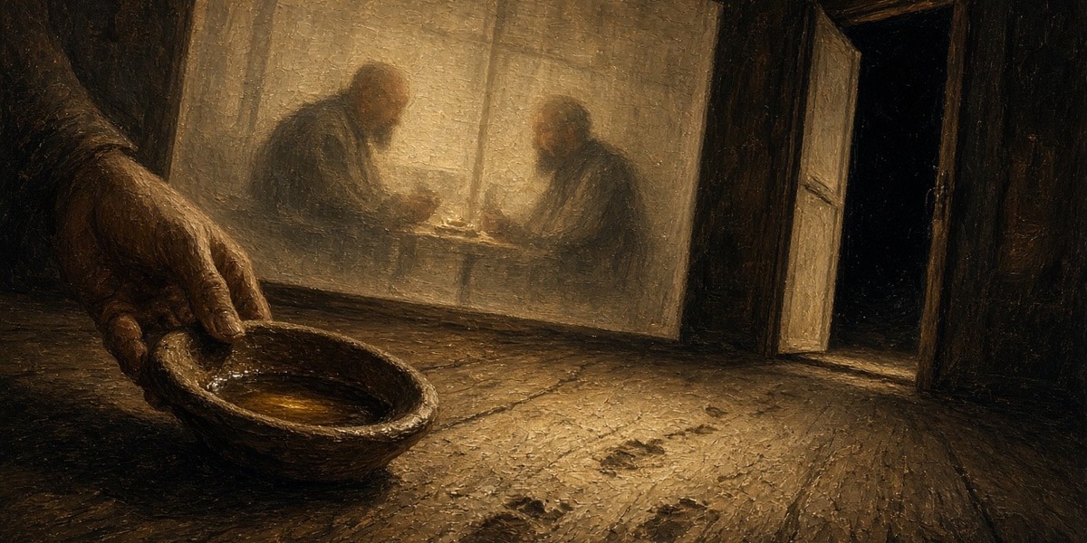 Behind the screen: a servant’s lamp, held to the floor, finds a second set of small careful footprints in the dust