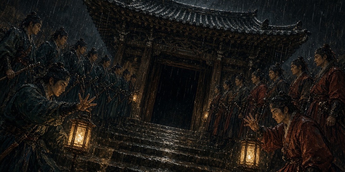 A monastery gate at night in rain: two clan retinues face each other while two stewards count the men aloud on raised fingers