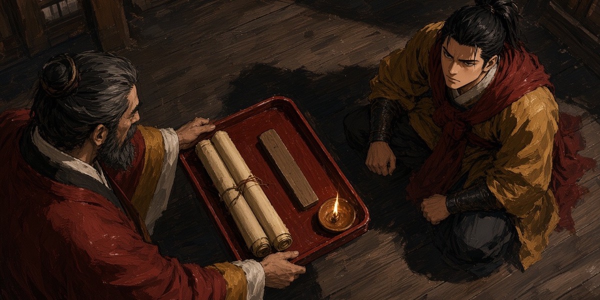Elder Satek slides a tray of genealogy and an ancestral tablet across the floor; Gyebek kneels opposite and does not touch it
