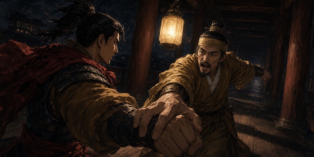 Night colonnade: old Seongchung grips Gyebek’s forearm and urges him away; Gyebek looks down the dark corridor