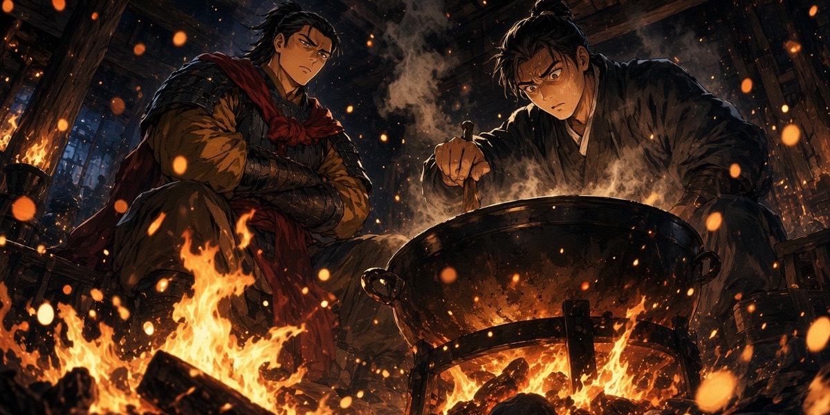 In a smoky army kitchen at night, Gyebek sits on a low stool, arms folded, watching the cook stir