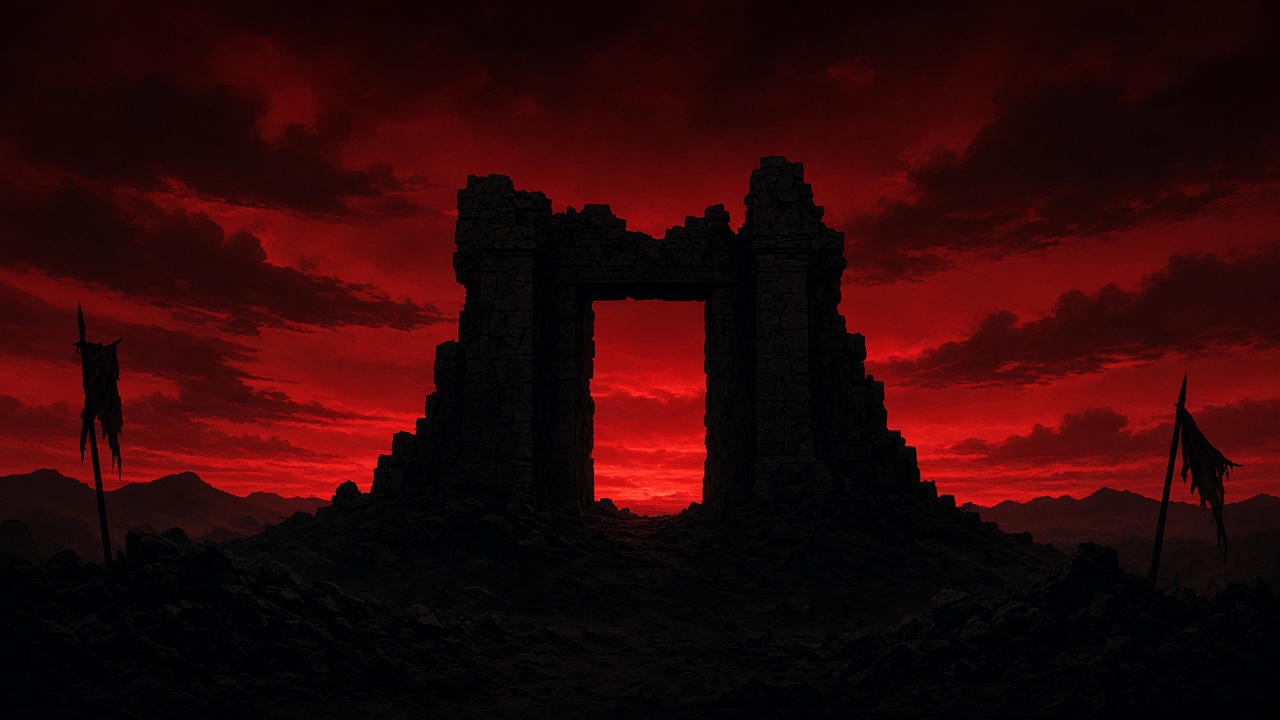 Broken fortress gate against blood-red sunset - the ancient kingdom falls to Han
