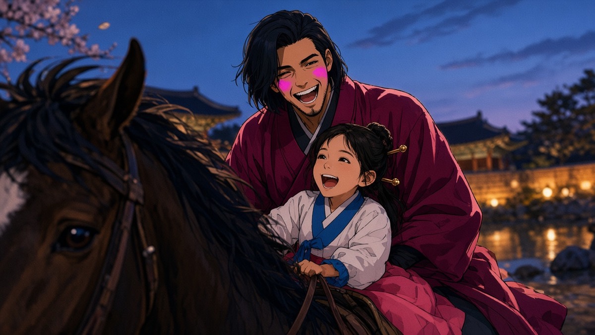 Dutch close: Chunchu laughing in magenta prince robes, child Gotaso in front of him; giwa bokeh