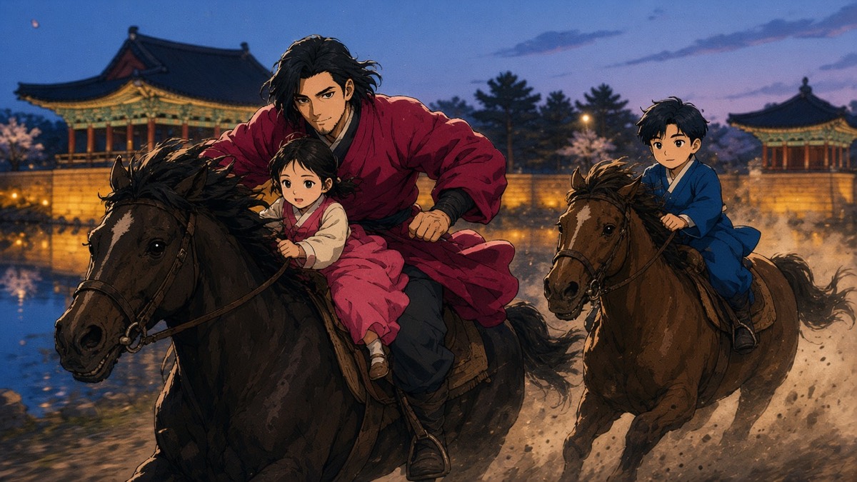Dutch dusk wide: Chunchu in magenta prince robes, Gotaso with him, Bupmin in blue on a trailing horse; Eastern Palace in bokeh