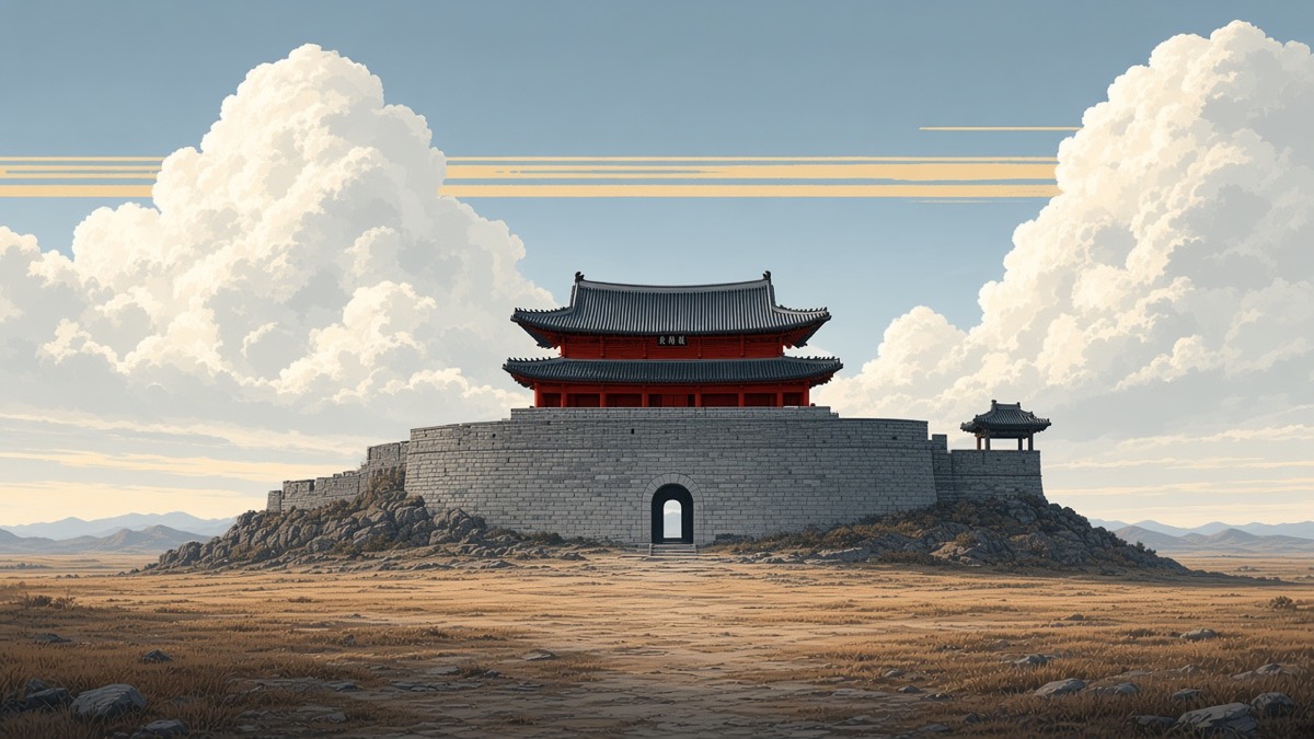Wide last siege: the same red two-tier Pyongyang munru on the grey ridge, autumn-gold haze