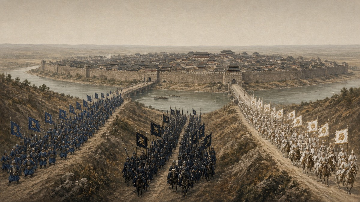 Three Tang columns — blue, black, white banners — closing on Pyongyang’s river walls in 668