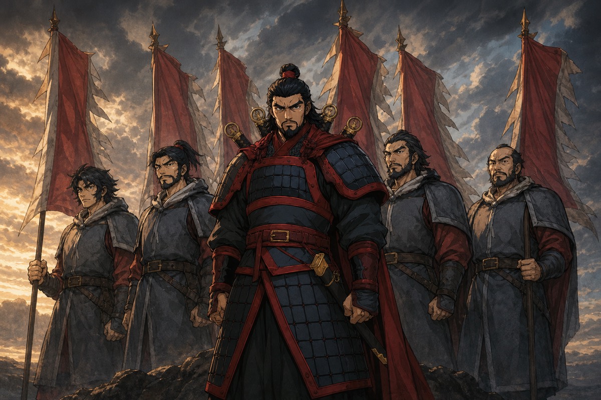 The five commanders of Goguryeo beneath their banners — East, West, Center, South, North