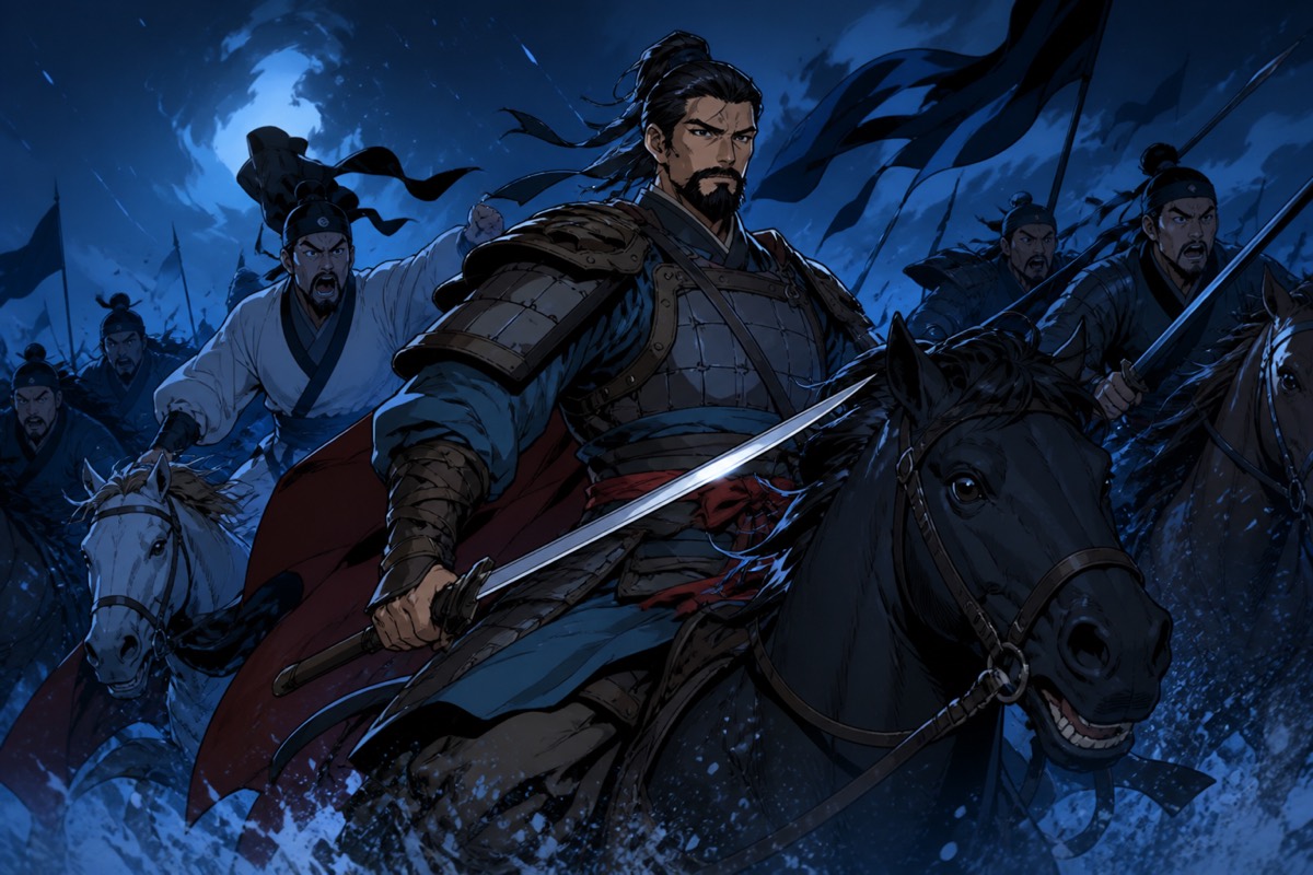 Five heroes charge — manhwa warriors in cold blue night