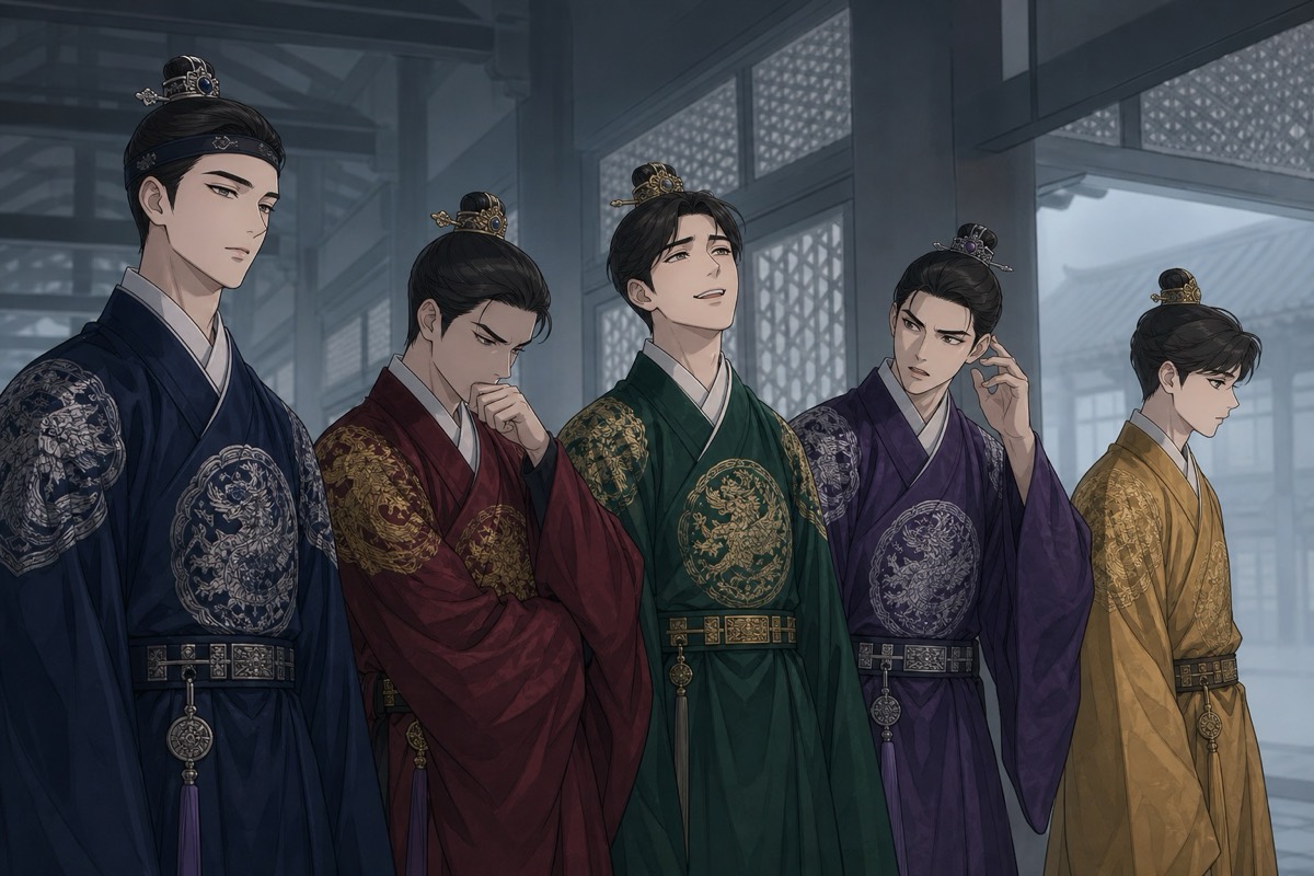 Euija's sons seated in the chairs of the eight houses