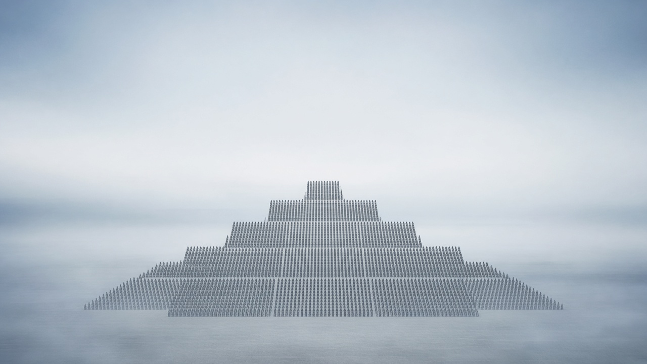 Five thousand warriors in perfect formation against misty sky - disciplined strength