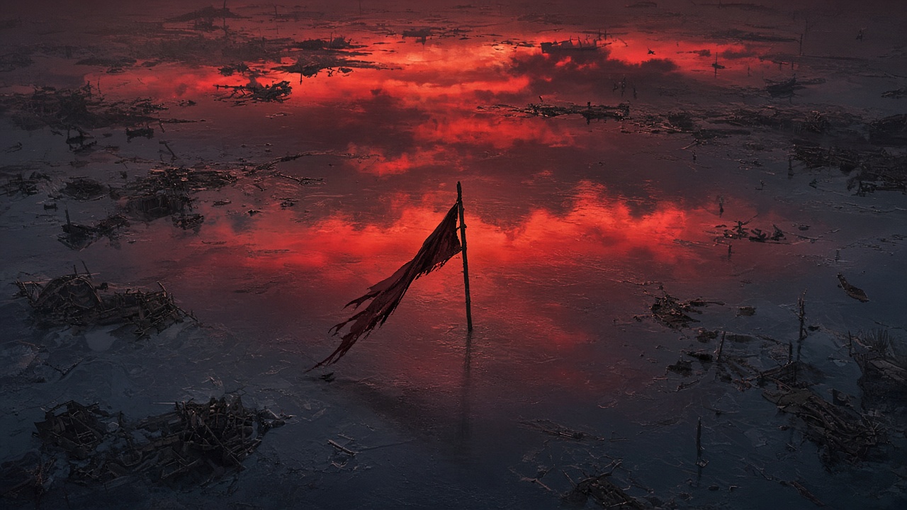 Bird's eye view of flooded battlefield at dusk, water reflecting blood-red sky, broken banner