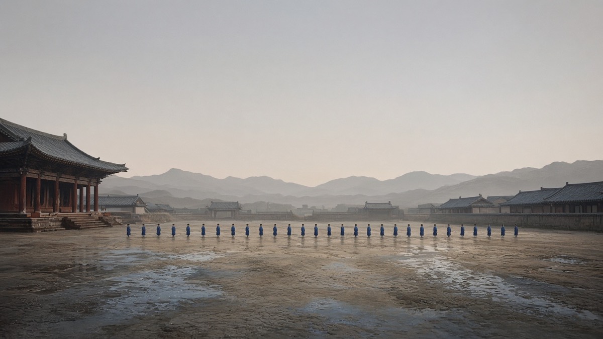 Wide empty Hwarang yard: one blue practice-line, wet sand, no crowd