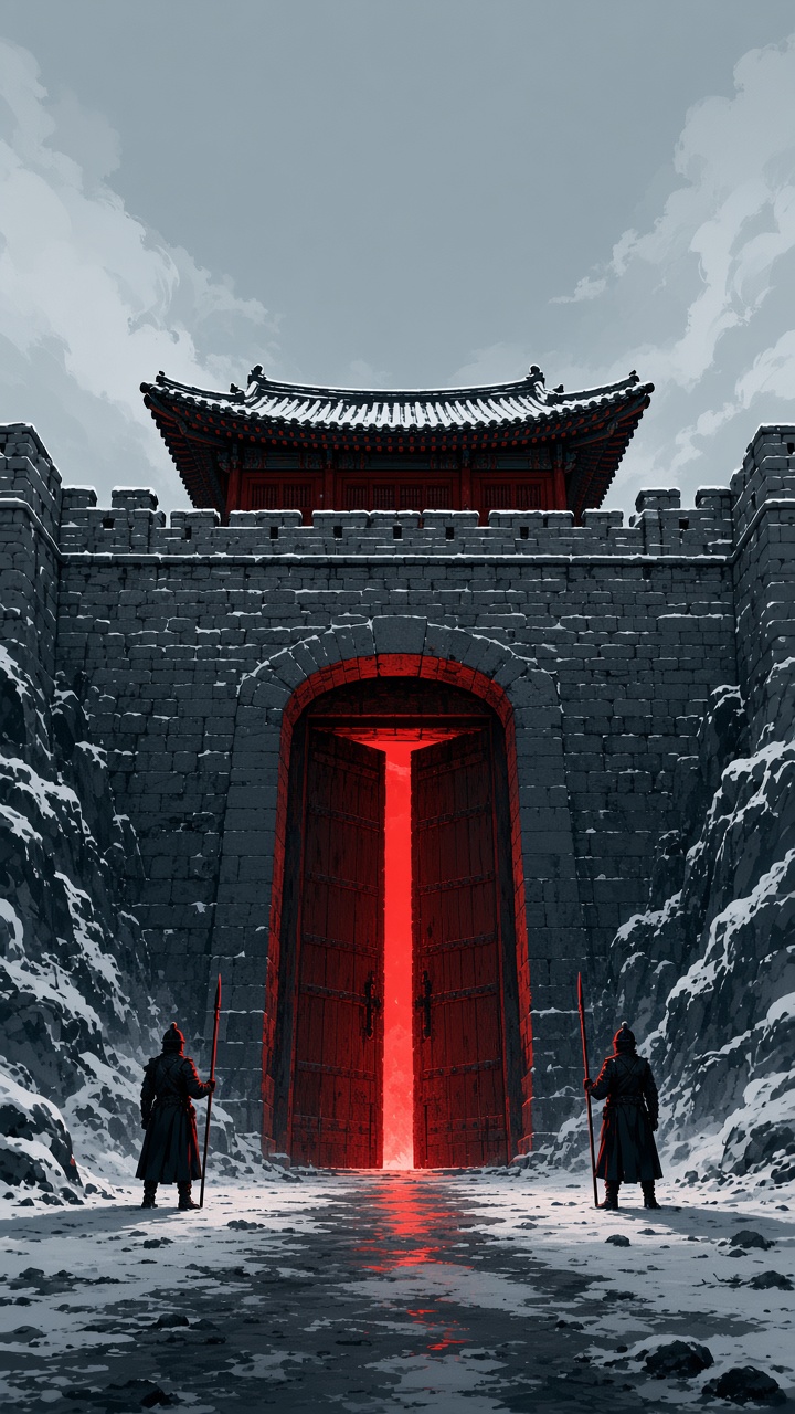 Ancient Korean fortress gate slightly ajar with ominous red light spilling through