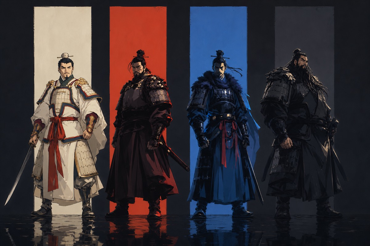 Four Tang dragon generals as layout heroes under flat white, red, blue, and black color columns