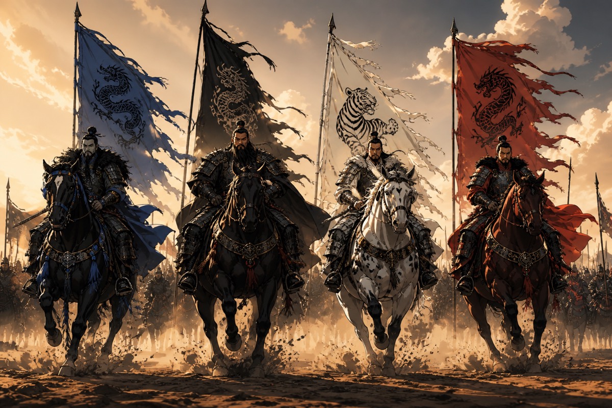 Four Tang marshals ride east under their beast banners for the eighth invasion
