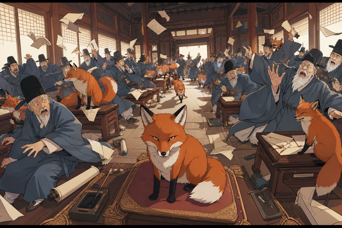 Foxes overrunning the hall of the Ministers' Assembly