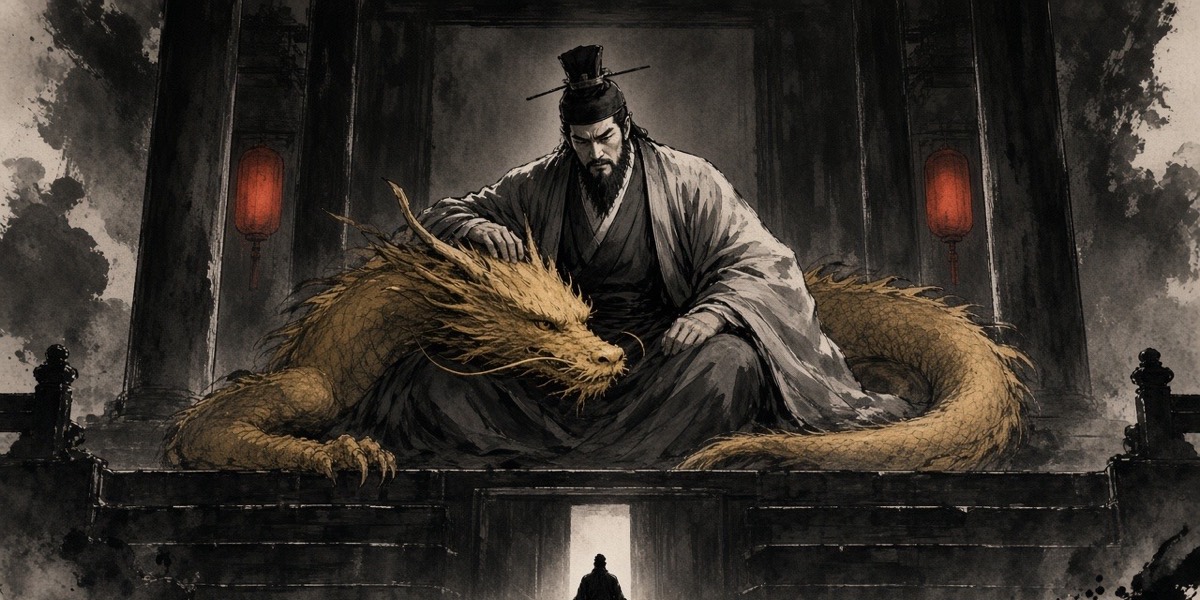 Ink-painted poster: the Third Emperor, in grey ink wash, rests his hand on the gold dragon coiled at his feet as a tiny prisoner kneels in the far doorway
