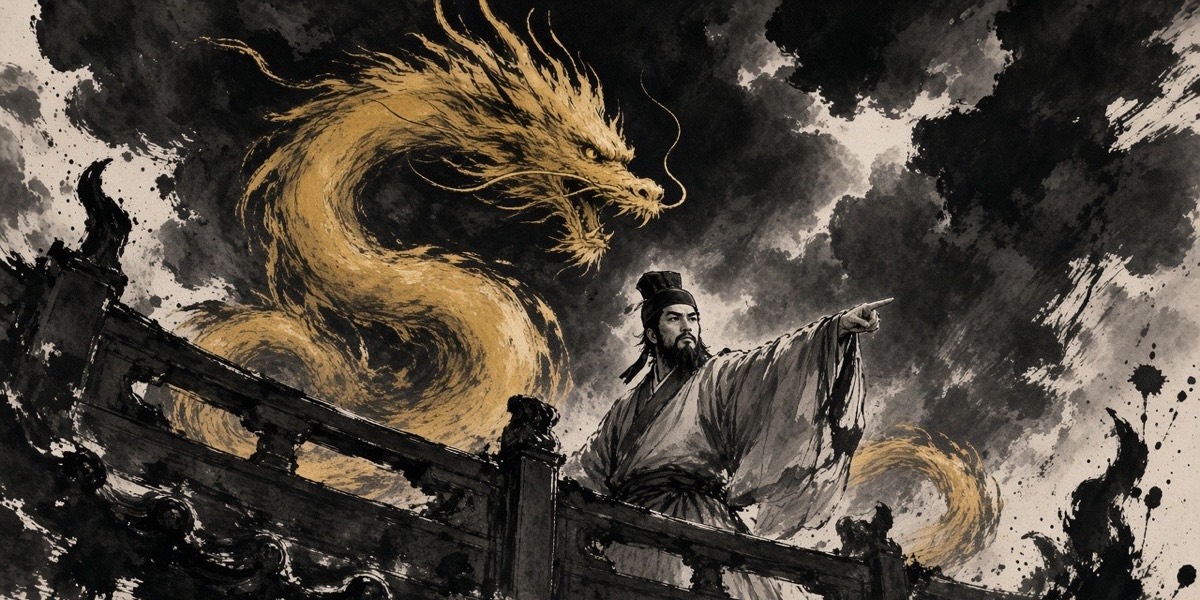 Ink-painted poster: the Third Emperor, in grey ink wash, points east from a palace terrace as the gold dragon spirals up out of a black ink storm
