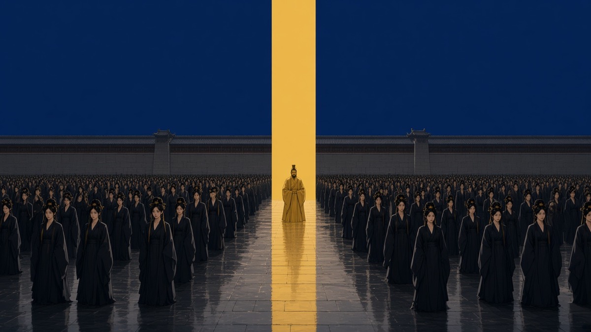Wide Daming anteroom: forest of tiny waiting women; one Tang-gold #b45309 shaft