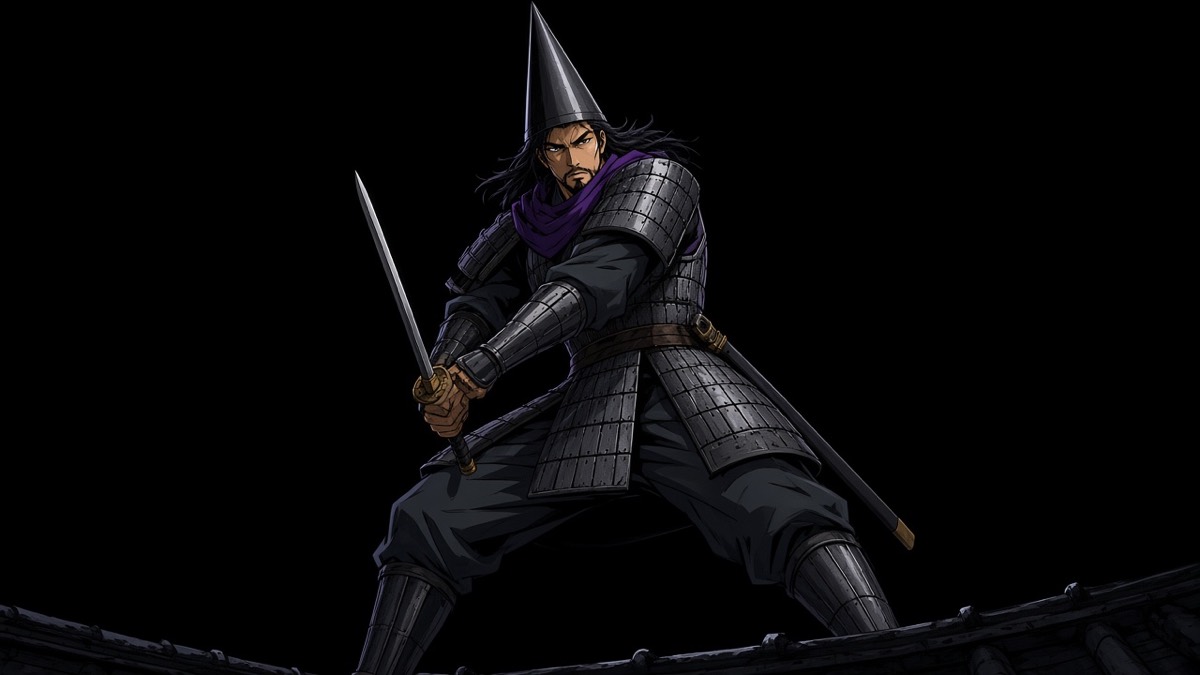 Minimal iconic 16:9 WORM’S-EYE night ridge. Muryuk in tall Gaya conical helm mid