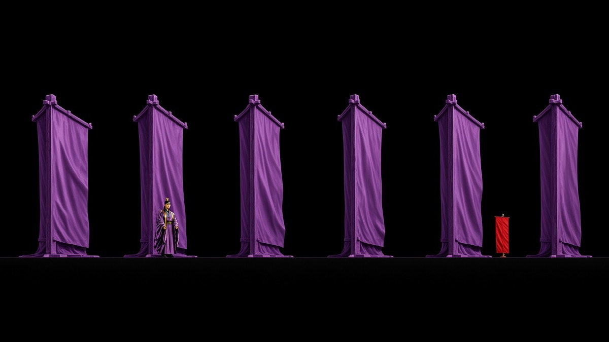 Gaya as six purple iron hall-bars along a black coast — Suro a tiny silky figure, one red sail far off