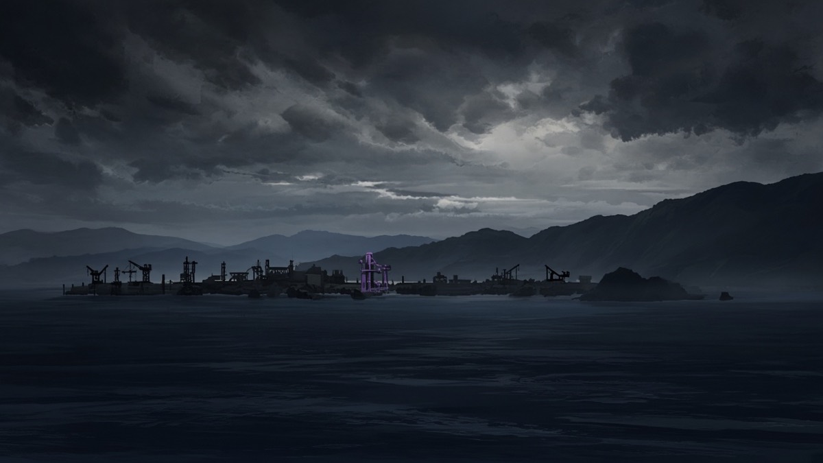Minimal iconic 21:9. Dark Korean coast — six tiny iron-harbour stamps along the 