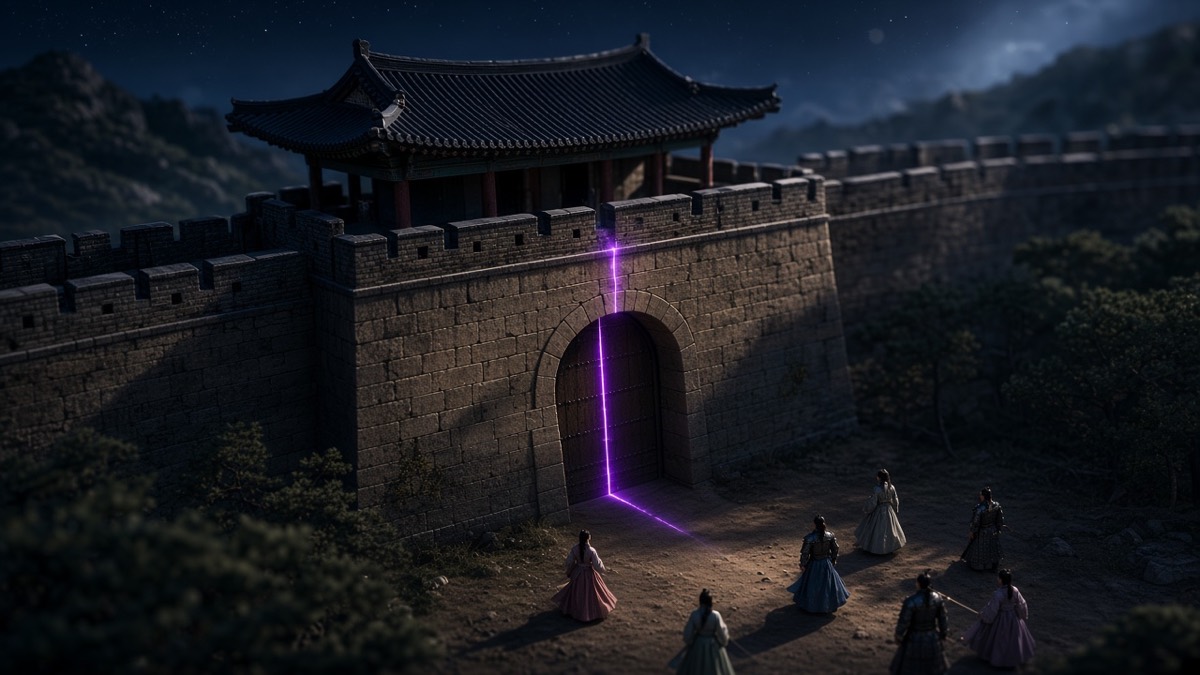 Night wide: Gaya mountain seongmun, stone and giwa, one purple iron-spark accent