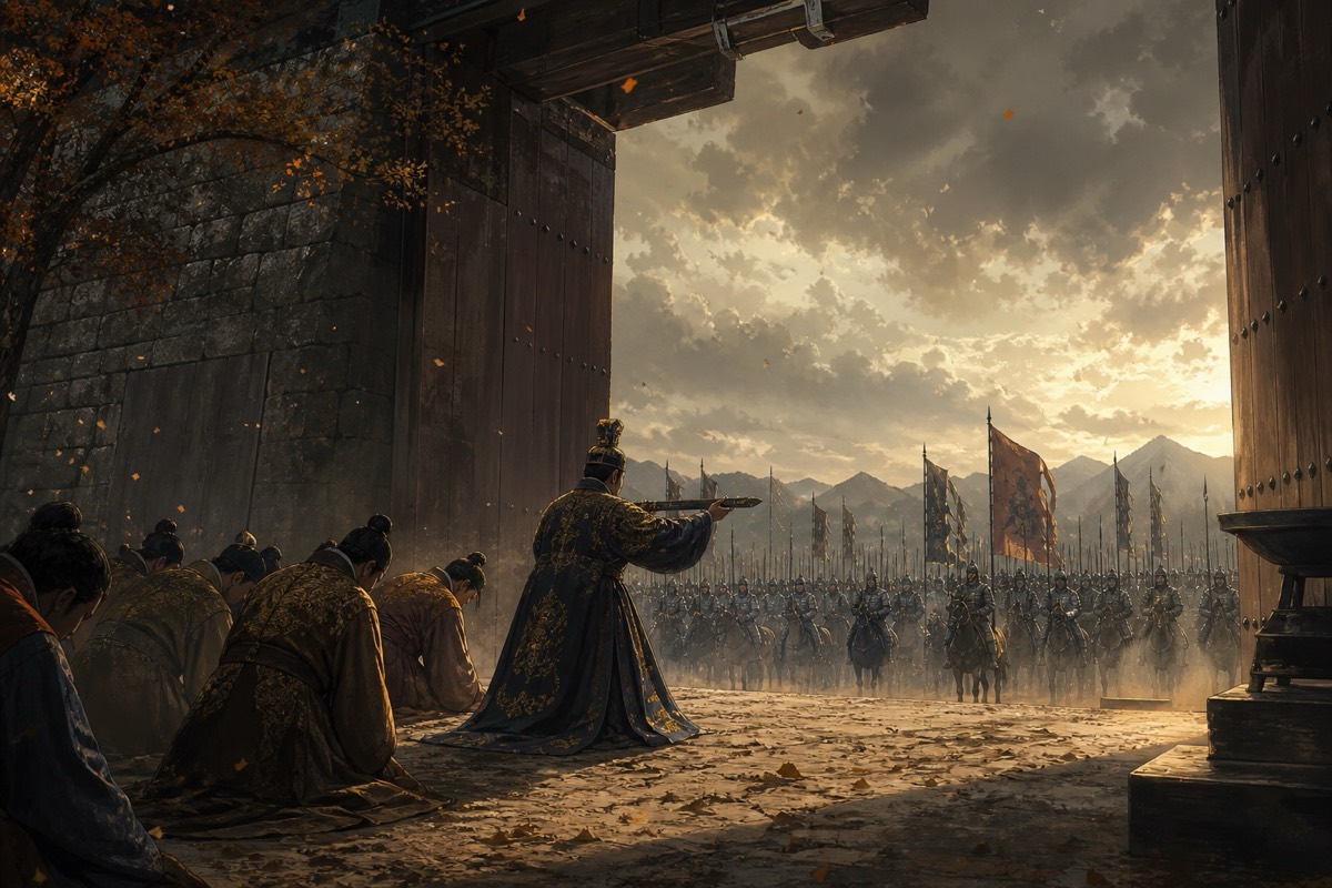Kim Muryuk of Golden Gaya kneels in surrender before Beopheung of Silla