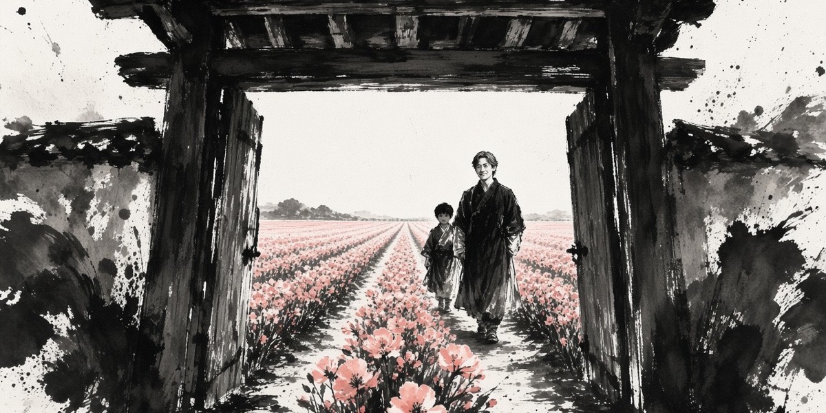 Hallakgungi follows his father down the rows of the western flower field