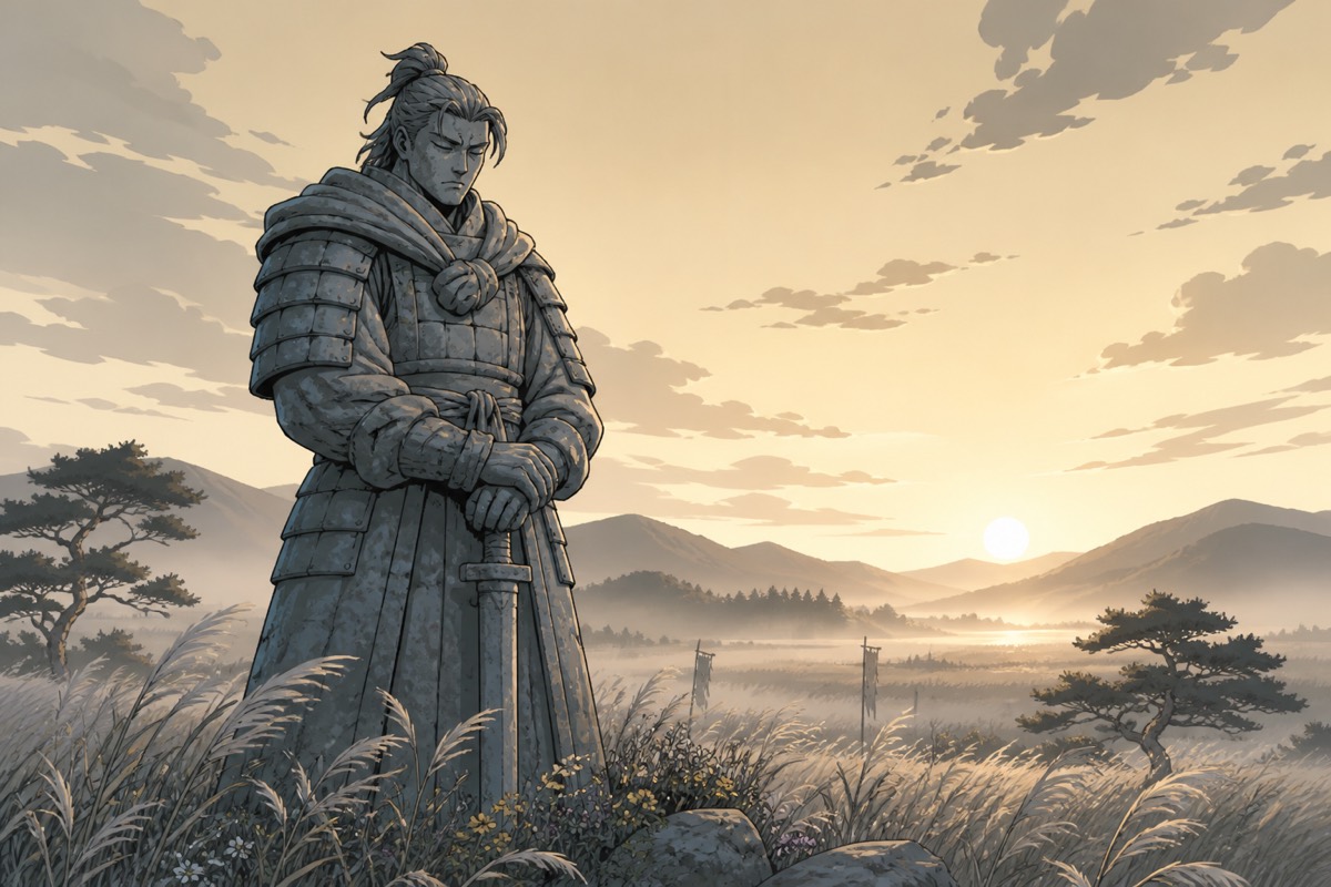 The dying Gyebek speaks quietly to the crow-dark escort amid the wreckage of his last field