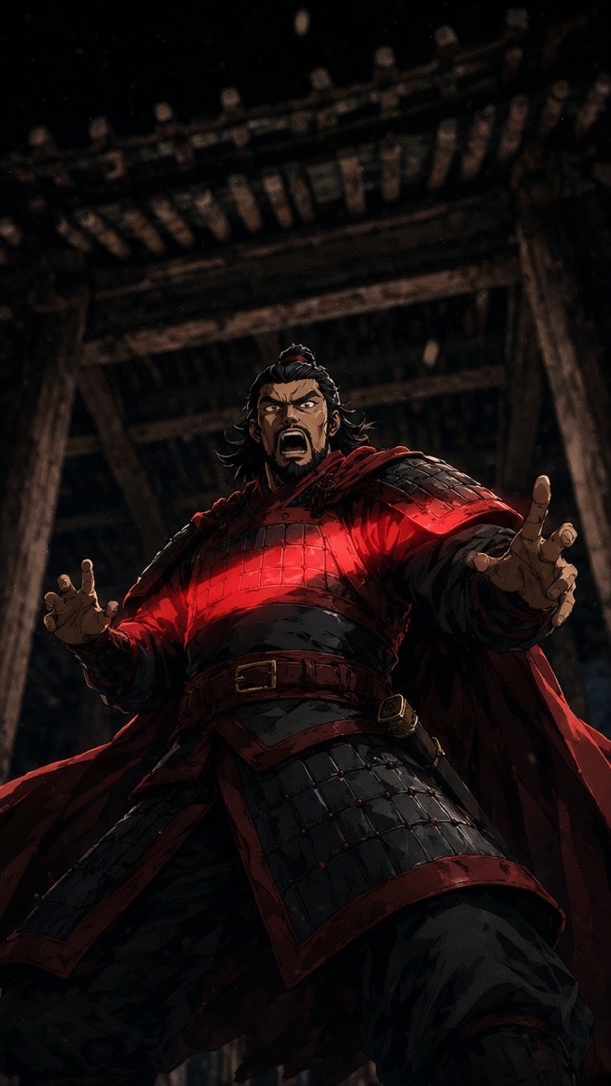 Worm’s-eye: Gesomun towering — steel lamellar, red-wing, crimson rank-plane of light