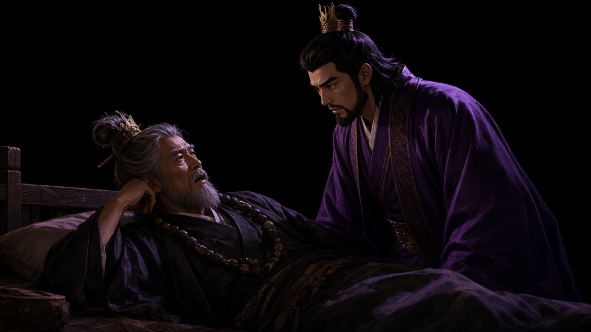 Aged Gesomun on a timber deathbed talking; calm Yumla stands at the bedside — only these two, one violet lamp