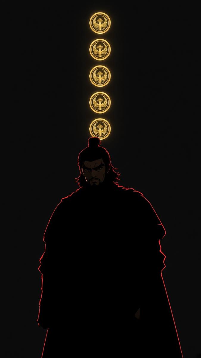 Yeon Gesomun as a dark body in a black void; five shining crow ring-pommels stacked as the only lights