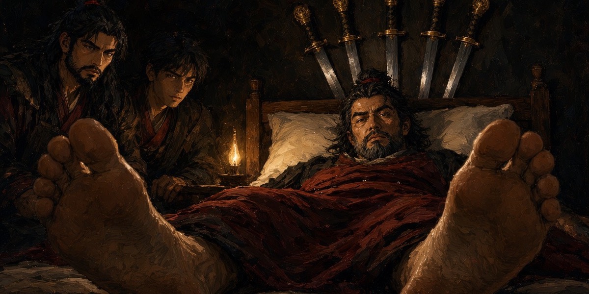 Mantegna’s Lamentation: Gesomun dying, foreshortened from his feet, his crow swords on the wall above, his sons at the edge