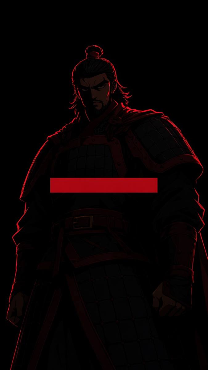 Yeon Gesomun as a worm’s-eye silhouette in a black void, a hard crimson rank-bar across the chest