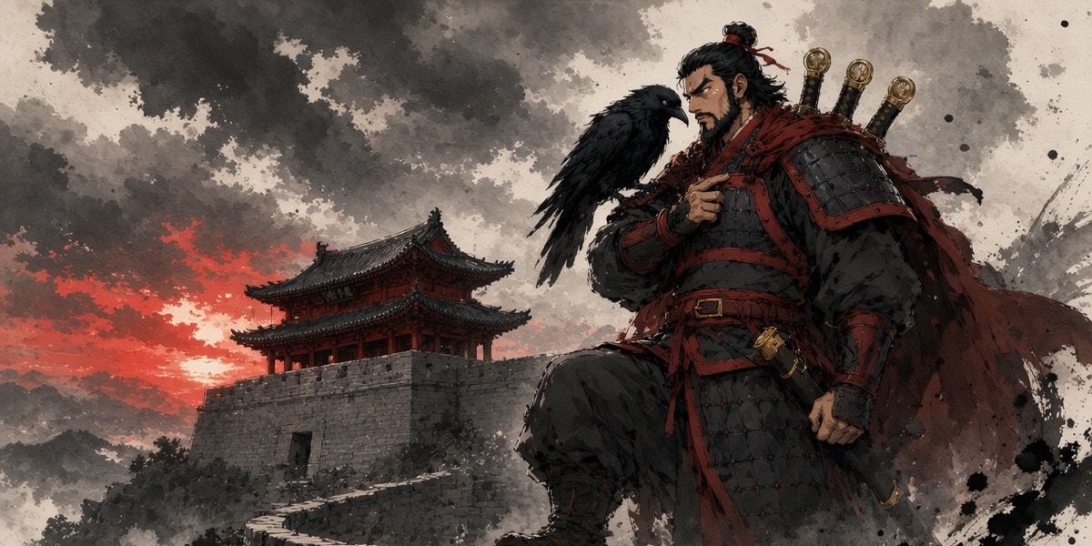 Poster key art: Yeon Gesomun stands on the red gate of Pyongyang at dusk with the three-legged crow on his shoulder, both staring west