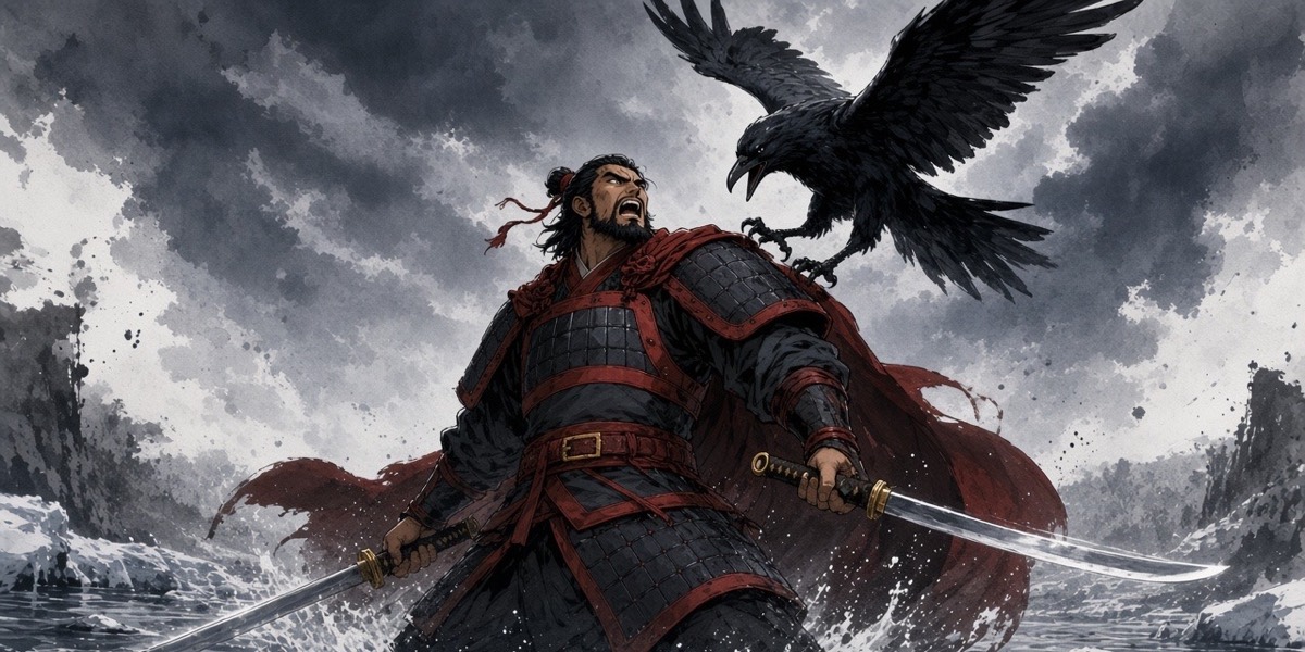 Poster key art: Yeon Gesomun stands knee-deep in the freezing Snake River with two swords drawn as the three-legged crow dives screaming past his head